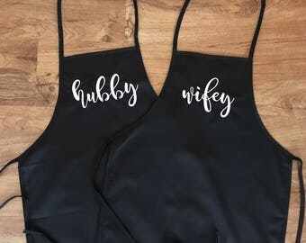 READY to SHIP! Hubby/Wifey Aprons w/Pockets, Wedding Gift, Embroidered (Modern Calligraphy Font) ***Ready to Ship in 1 Day!