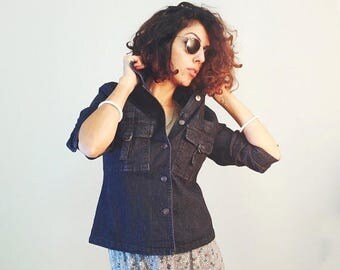 40%OFF BLACK DENIM Jacket, Black jeans jacket, vintage denim jacket, 90s denim, 90s jacket, womens jacket, size S