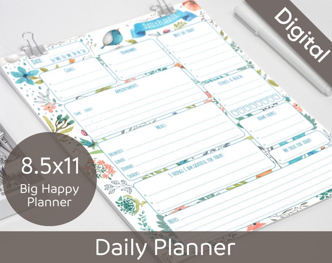 8.5x11 Daily Planner Printable, Printable Daily Schedule, Big Happy Planner, US Letter size, Arinne Blue Bird, DIY PDF Instant Download