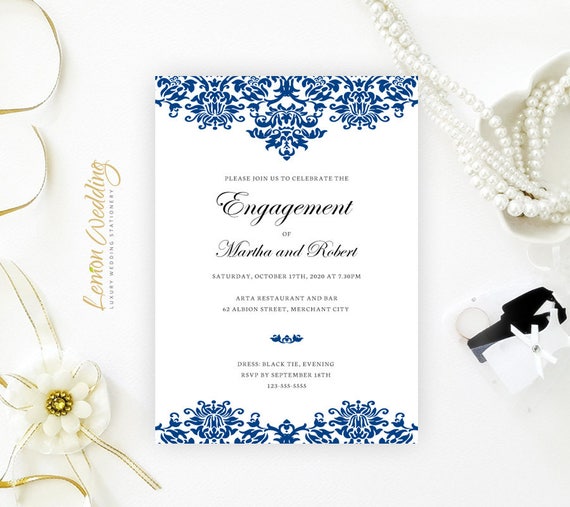 Elegant engagement party invitations cheap Royal blue damask