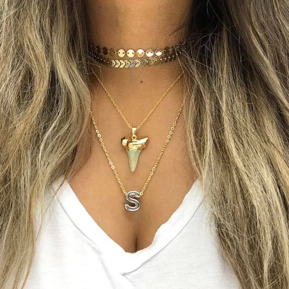 Fishbone Choker, Layer Necklace, Shark Tooth Necklace, Initial Necklace, Name Necklace, Gold Choker, Interesting Jewelry, Interesting Gifts