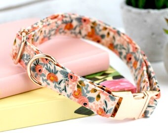 Dog Collar - Les Fleurs Rosa - Peach Floral Print - Fabric Dog Collar - Cotton + Steel Rifle Paper Company - Rose Gold Metal Hardware