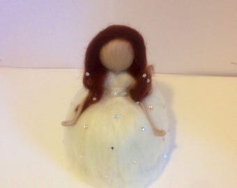 Beautiful white winter ice fairy with brown hair. Handcrafted using merino wool bridal fairy Waldorf angel white gemmed dress with brown hai