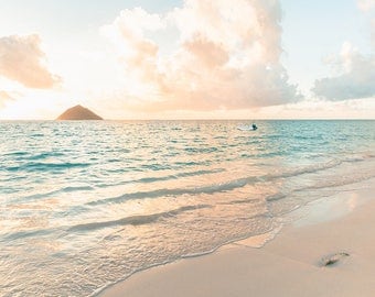 Aqua and Peach Beach, Seascape, Sunrise Photography, Hawaii Art, Calming Print, Beach Bathroom Decor, Soothing Beach Scene, Dreamy Art Print