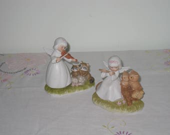 Guardian Angel Porcelain Figurines with Raccoons and Owls