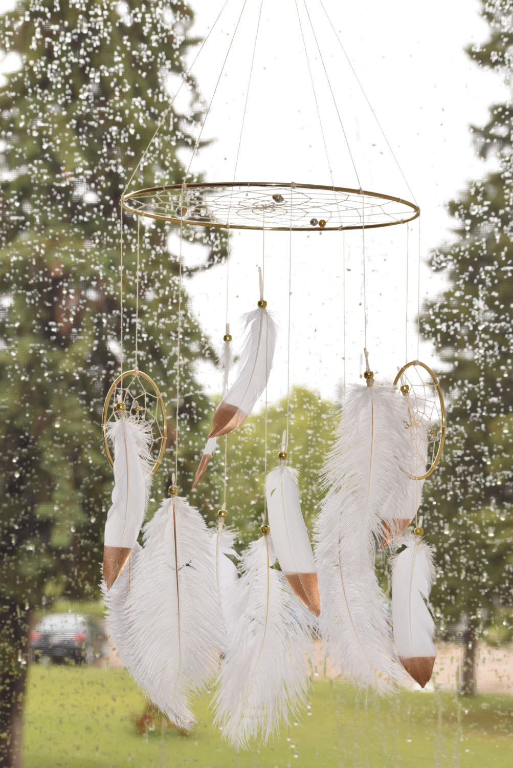 White and Gold Baby Nursery Mobile Ostrich Feathers Baby