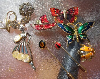 Huge Lot of 9 Vintage Brooches and Stick Pins Enamel Brooches Pins Butterfly Rhinestone