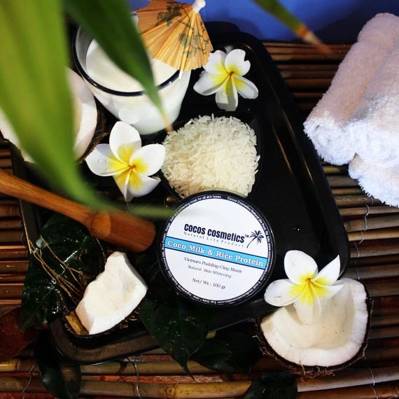 Sale Coconut milk and Rice protein white clay facial mask - For Sensitive Skin, Dry Skin, Oily skin - Brightening Mask, Vegan skin care