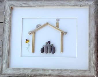 Pebble art Family4, Family4 gift, Family gift, housewarming family, stone pictures, anniversary family, Family portrait