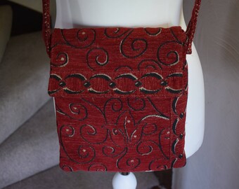 Vintage red tapestry shoulder bag,
