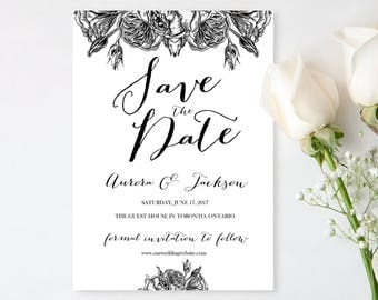 Floral Printable Save the Date Card Template - Editable Save The Date - Wedding Date Card - Black and White Save the Date Card