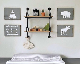 Woodland Nursery Decor Set, Teepee Bear Moose and Arrow Decor, Rustic Nursery, Teepee Wood Sign, Camping Theme Decor, Hunting Nursery