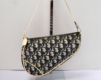 Christian Dior Vintage Authentic Mini Tote Pochette Handbag Purse Clutch Coated Canvas Grey Cream Good Vintage Condition