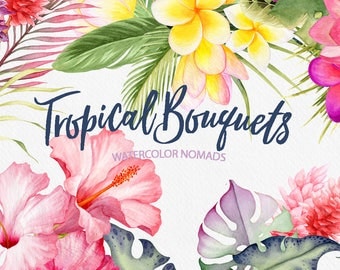 Tropical Flowers clipart, watercolor clipart, wedding clipart, flower clipart, instant download, commercial use, web graphics, blog graphics