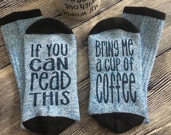coffee lover socks, i love coffee, please bring me a coffee, blue socks for coffee lover, if you can read this please bring me coffee, socks