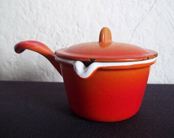 Vintage Descoware Flame Enamel Cast Iron Butter Warmer Mini Pot w Lid Belguim