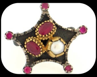 Authentic Turkmenistan White Pearl & Ruby Oxidized 925 Sterling Silver Star RING
