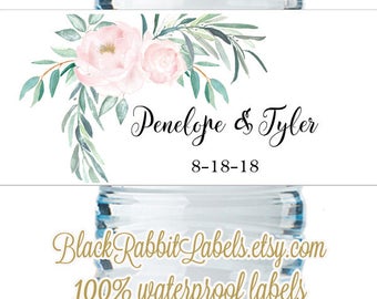 Personalized Water Bottle Labels - Pink Roses Watercolor Eucalyptus Leaves - Wedding Favors 2"x8.5" self-stick labels - Bottled Water Labels
