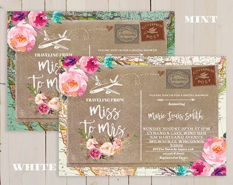 Globe Travel Theme Party, Vintage Travel Bridal Shower, Teal Traveling From Miss To Mrs Bridal Shower invitation, mint invitation, floral