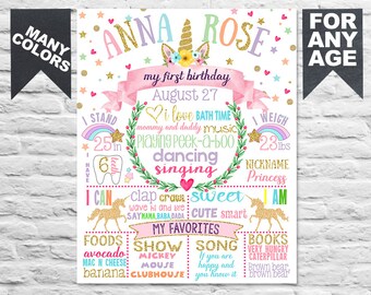Printable Unicorn First Birthday board sign poster - 1st Birthday white chalkboard Unicorn pink gold for girl - 1st b-day banner (328)