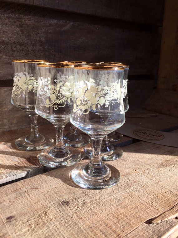 Vintage 1970s Sherry Glasses In A Floral Leaf Design And Gold