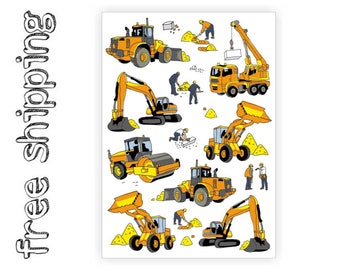 Temporary tattoo set "Cunstruction" with crane, builder, excavator, asphalt paver, bulldozer kids body stickers in doodle style. TA060
