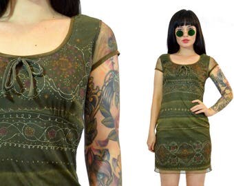 vintage 90s olive green mini dress sheer mesh sparkle glitterl dress empire waist boho hippie soft grunge 1990s babydoll dress small