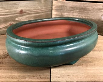 Vintage (1970's) Large 7x5 Green Bonsai Oval Glazed Clay Pot Planter