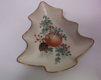 Lenox Candy Dish "Boxwood & Pine" Christmas Tree Shaped Gold Trimmed Holiday - Williamsburg Collection - Perfect condition