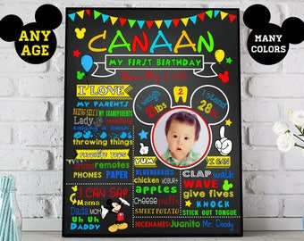 Mickey Mouse First Birthday chalkboard sign - 1st bday party chalk board poster banner milestone boy girl stats photo Printable (ID136black