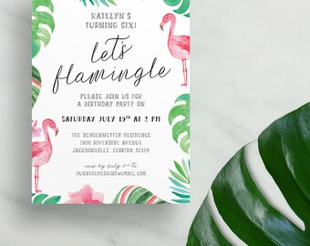 flamingo birthday party invites // girl birthday party invitations // little girl birthday // lets flamingle // palm leaves printed invites
