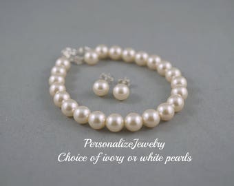 Child Swarovski pearls bracelet, Sterling silver studs earrings, Children jewelry, Flower girl bracelet, Junior bridesmaid gift, Ivory white