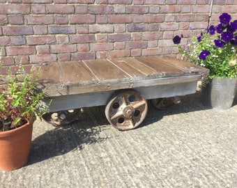 Vintage Industrial Trolley Coffee Table with Cast Iron Wheels