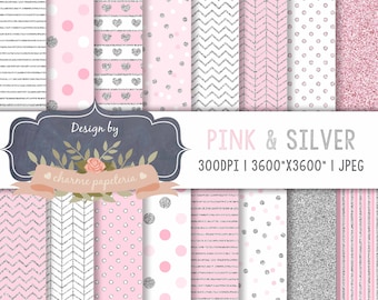 Pink and Silver Glitter Digital Papers, Pink and silver scrapbook papers, Princess digital paper, chevron pink and silver, chevron silver