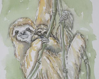 Sloth painting original art watercolour wildlife painting, an original painting of a three toed sloth and her baby
