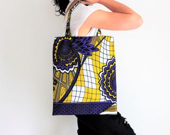 Ethnic bag, african wax, tote bag, shopping bag, flower pattern, geometric pattern, storage pouch, university bag, automn accessory, violet