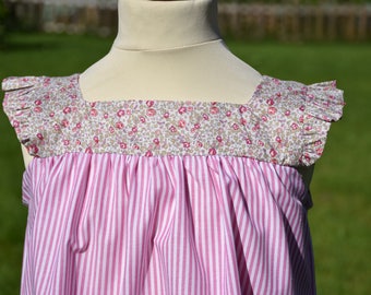 Pink Poplin striped dress and liberty ruffled sleeves