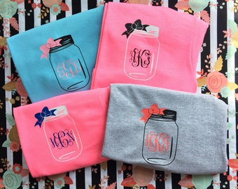 Mason jar with bow monogram t-shirt , short sleeve southern shirt , womens shirt , personalized summer shirt , monogrammed womens clothing ,