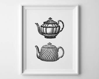 Vintage Printables, Teapot Print, Tea Wall Art, Kitchen Wall Poster, Tea Posters, Tea Pot Print, Vintage Kitchen Art