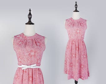 Flower Print Pleated Sleeveless Pink Vintage Women Dress Size M