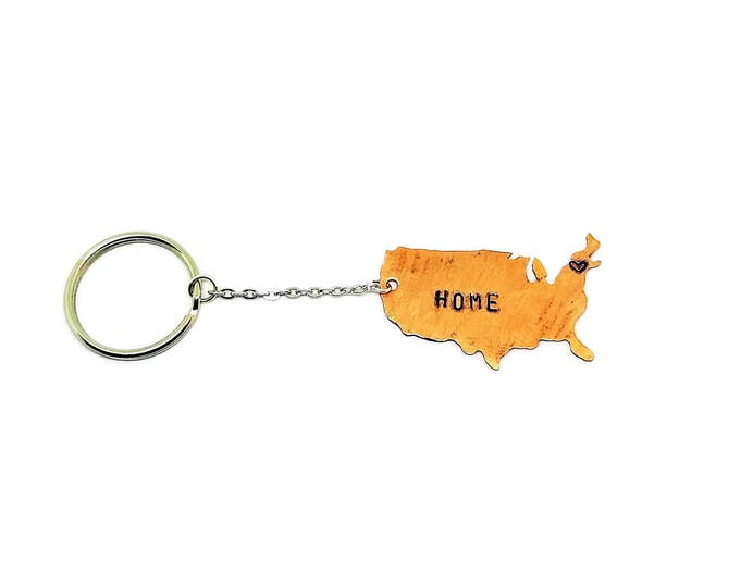 Copper USA Keychain, Hand Stamped HOME Key Chain, United States Silhouette Keychain, Custom Stamped Key Chain