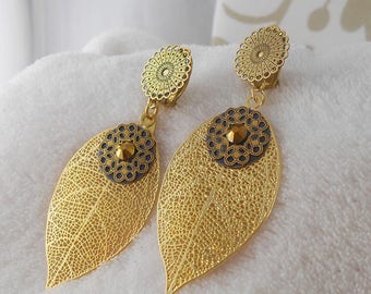 Blue gold leaf clip earrings