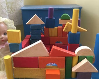 Vintage Toy Wood Building Blocks Assorted Colors Assorted Shapes and Sizes 50 Blocks Vintage Toys Vintage Nursery Decor