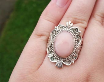 Vintage Sterling Silver Filigree Rose Quartz Ring