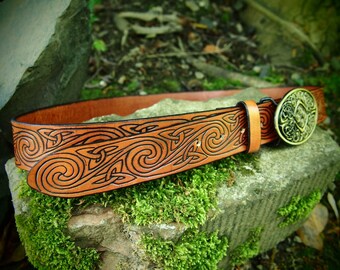 leather belt, celtic spiral design, brown, handmade