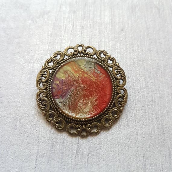 Antique Bronze Hand Painted Resin Brooch // Round Brooch with