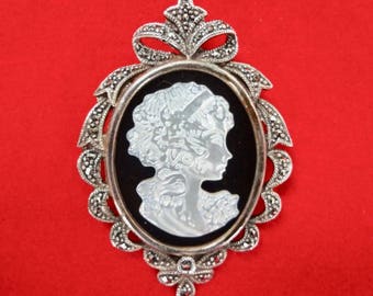 Onyx, Marcasite and Mother of Pearl Cameo Brooch/Pin Excellent Condition