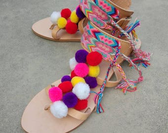 Gladiator Sandals, Greek Leather Sandals, Pom Pom Sandals, Strappy Sandals