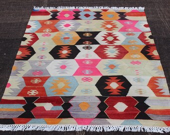 Turkish Kilim Rug,5.2"x3.6" Feet,160x110 cm,Pink Decorative Kilim Rug,Vintage Home Decor