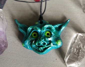 Crazy Goblin Fantasy Creature Necklace, Hand Sculpted, OOAK, Polymer Clay Pendant